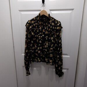 OPT Floral Smocked Blouse Women’s Long Sleeve Sheer Top Black Gold Size Large